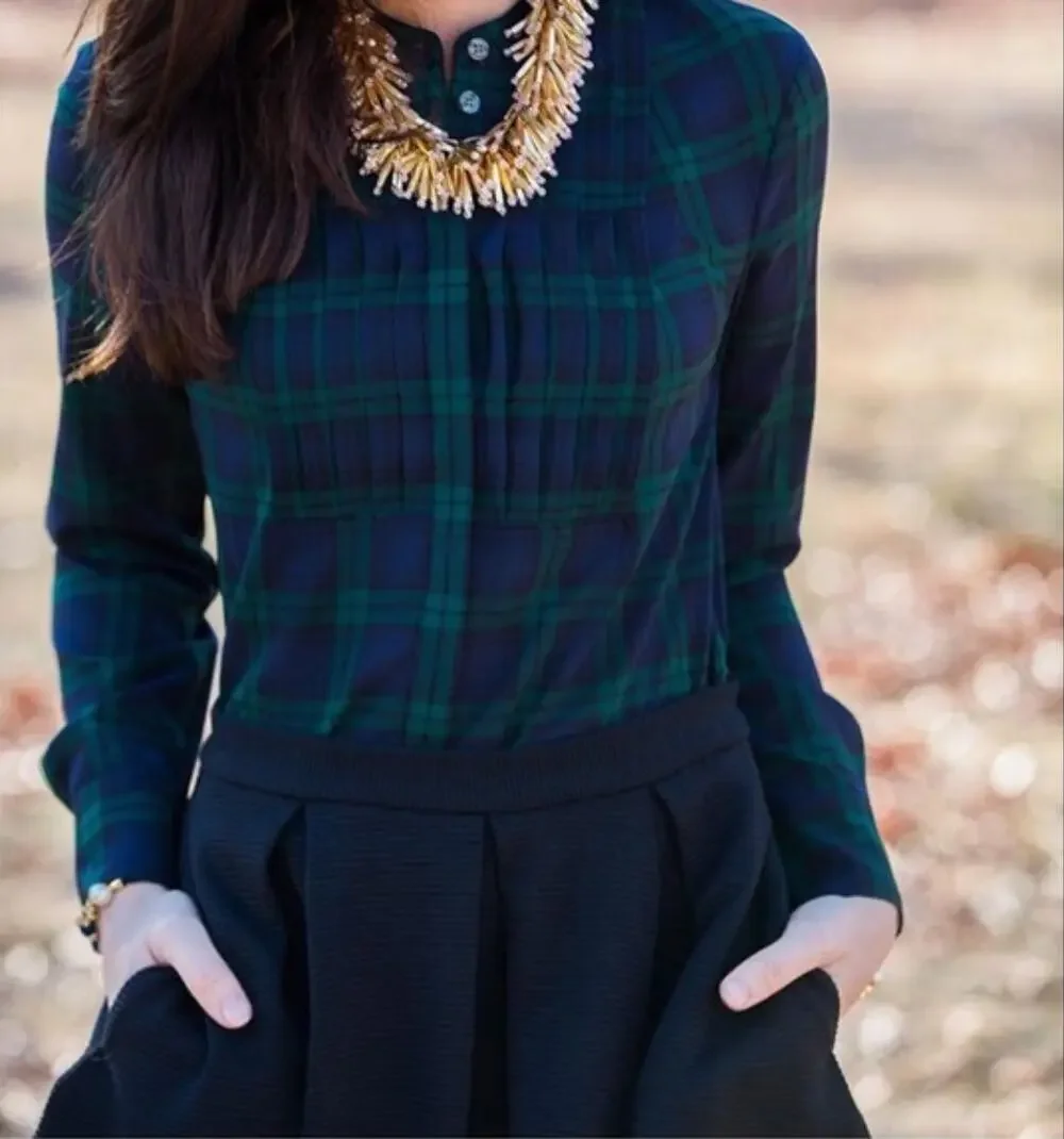 J. Crew Drapey Tuxedo Bib Blouse in Navy Green Plaid E5598 Size XL